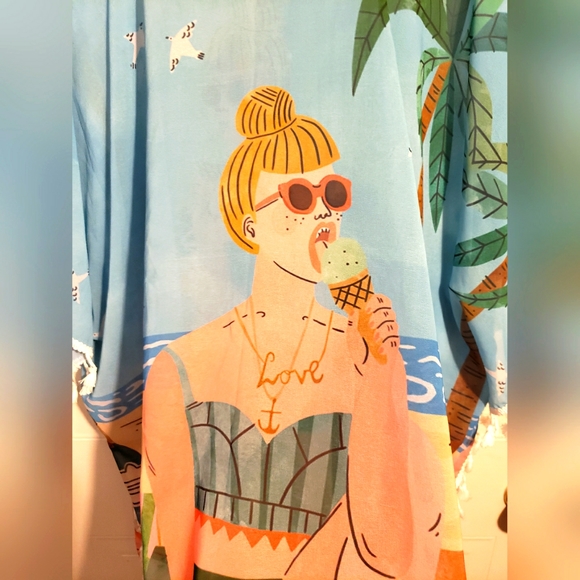 Beach Cover Tassles Beach Girl Print Arm Holes Woman Boho Gypsy Party NWOT - Picture 3 of 9